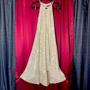 Silver hi-low dress with zebra print & gold chain